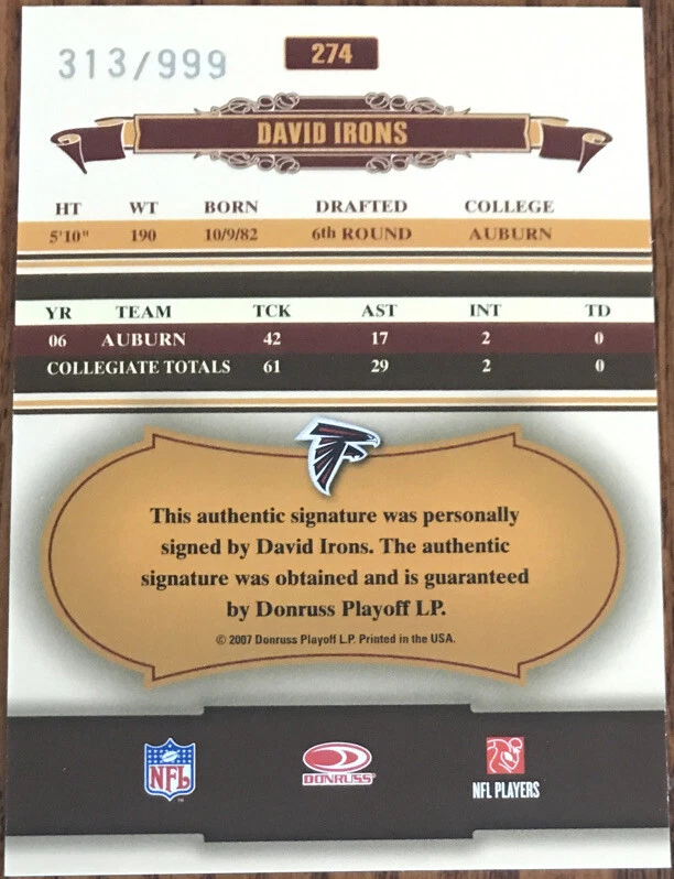 2007 Donruss Classics Rookie Autograph David Irons #274 #’d 313/999 - Image 2 of 2