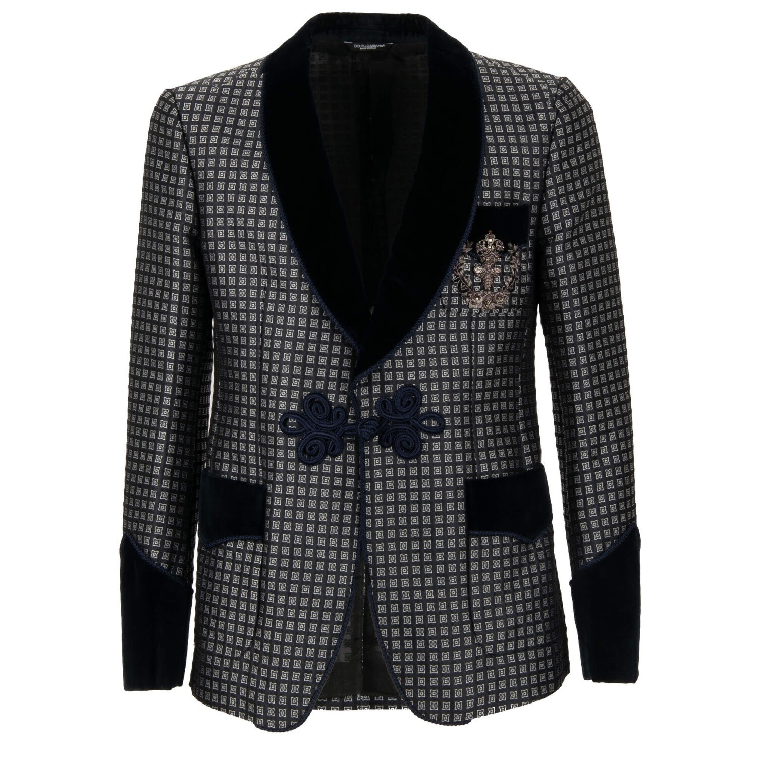 DOLCE & GABBANA Crystal Crown Bee Baroque Tuxedo Jacket Blazer Blue 48 M