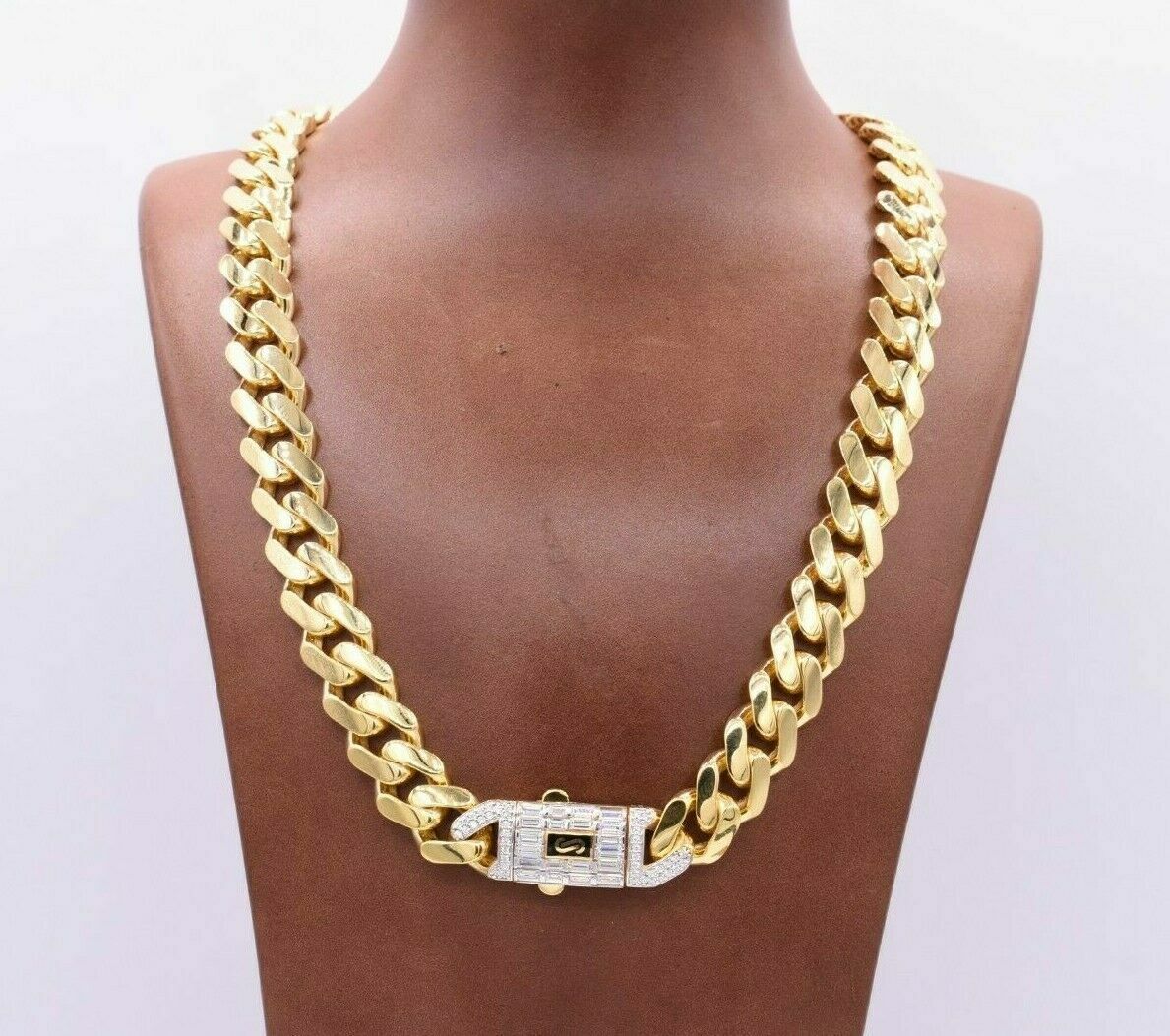 13mm Miami Cuban Link Monaco Chain Necklace Baguette Lock Real 10K Yellow  Gold