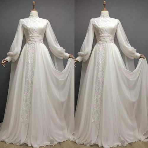 Muslim Wedding Dresses with Cape Long Sleeve High Neck Lace Applique Bridal Gown - Picture 2 of 12