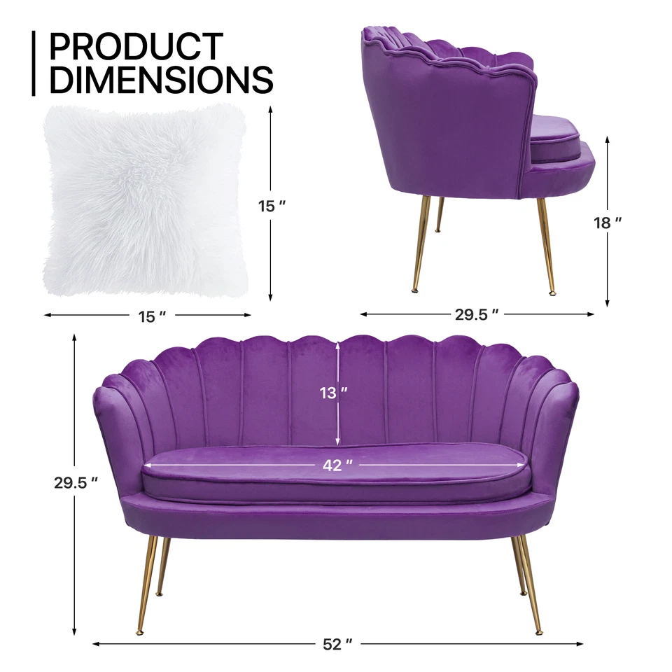 Sofá tapizado púrpura 52" sofá hogar terciopelo acolchado asiento de amor con 2 almohadas Foto 2 de 4