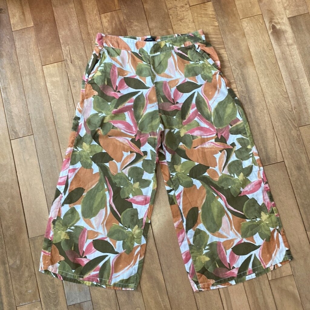Tahari Linen Pants Size L Wide Leg Colorful Tropical Print Elastic Waist Cropped