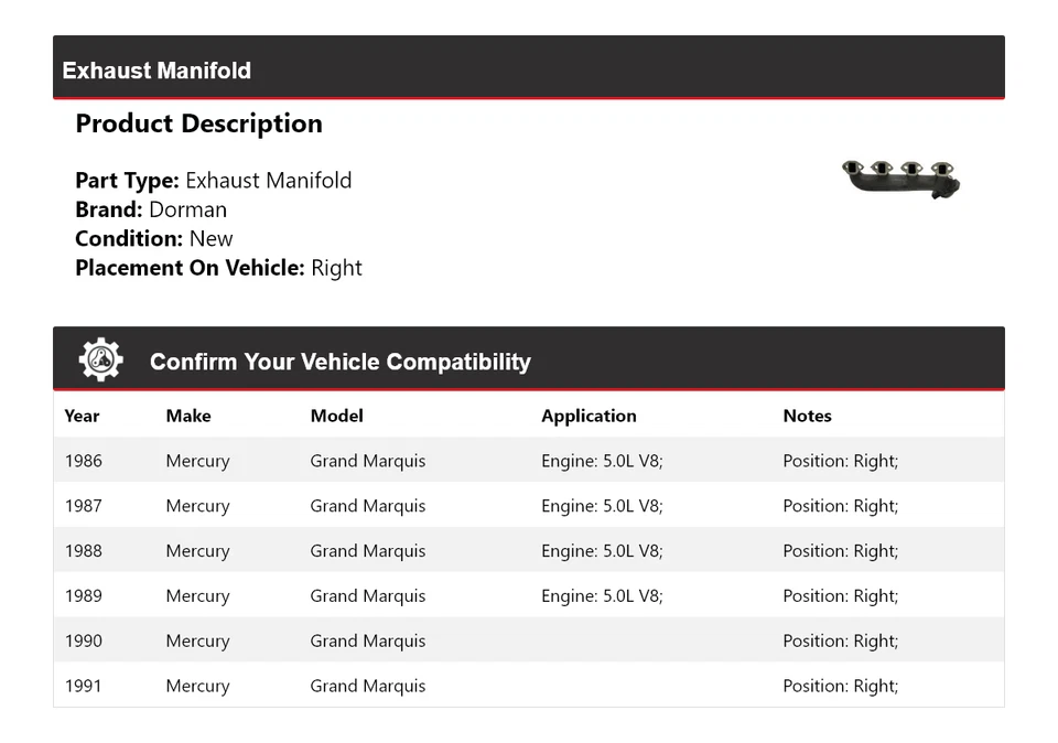 Colector de escape derecho Mercury Grand Marquis Dorman 1986-1991 1987 1988 1989 Foto 2 de 4