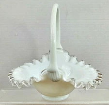 Fenton Opalescent White clear Ruffle Edge w/Handle Wedding Trinket Candy Dish 