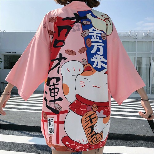 Lady Girls Japanese Kimono Coat Loose Yukata Outwear Tops Fortune Lucky Cat Cute - Picture 7 of 15