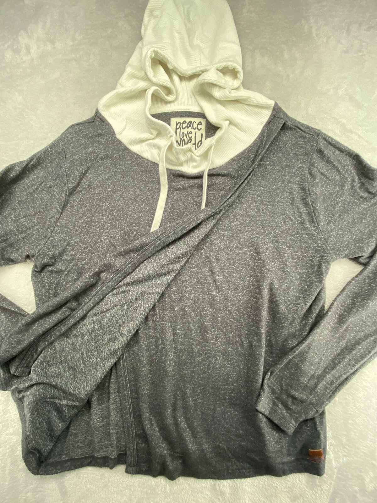 VETEMENTS Felpa con cappuccio Peace Love World donna taglia large grigio erica bianco blocco misto rayon