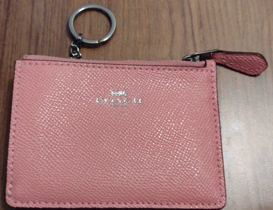 pink Coach leather keychain wallet ID card holder antiqued silver