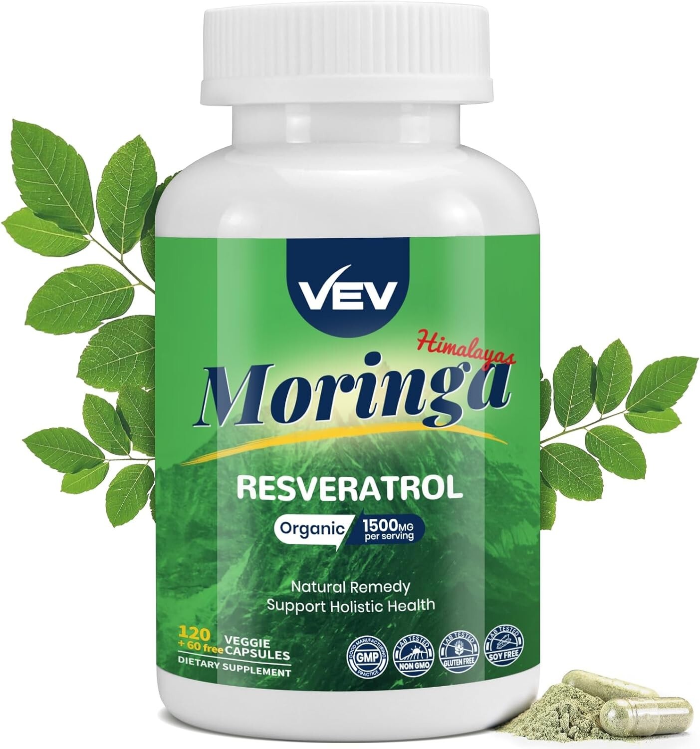 VEV Moringa Capsules with Resveratrol & Turmeric, Antioxidant Supplement, 180 Ct