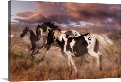 Native Indian Horses Warriors Stretched Canvas Wrap Print Vintage photo Art
