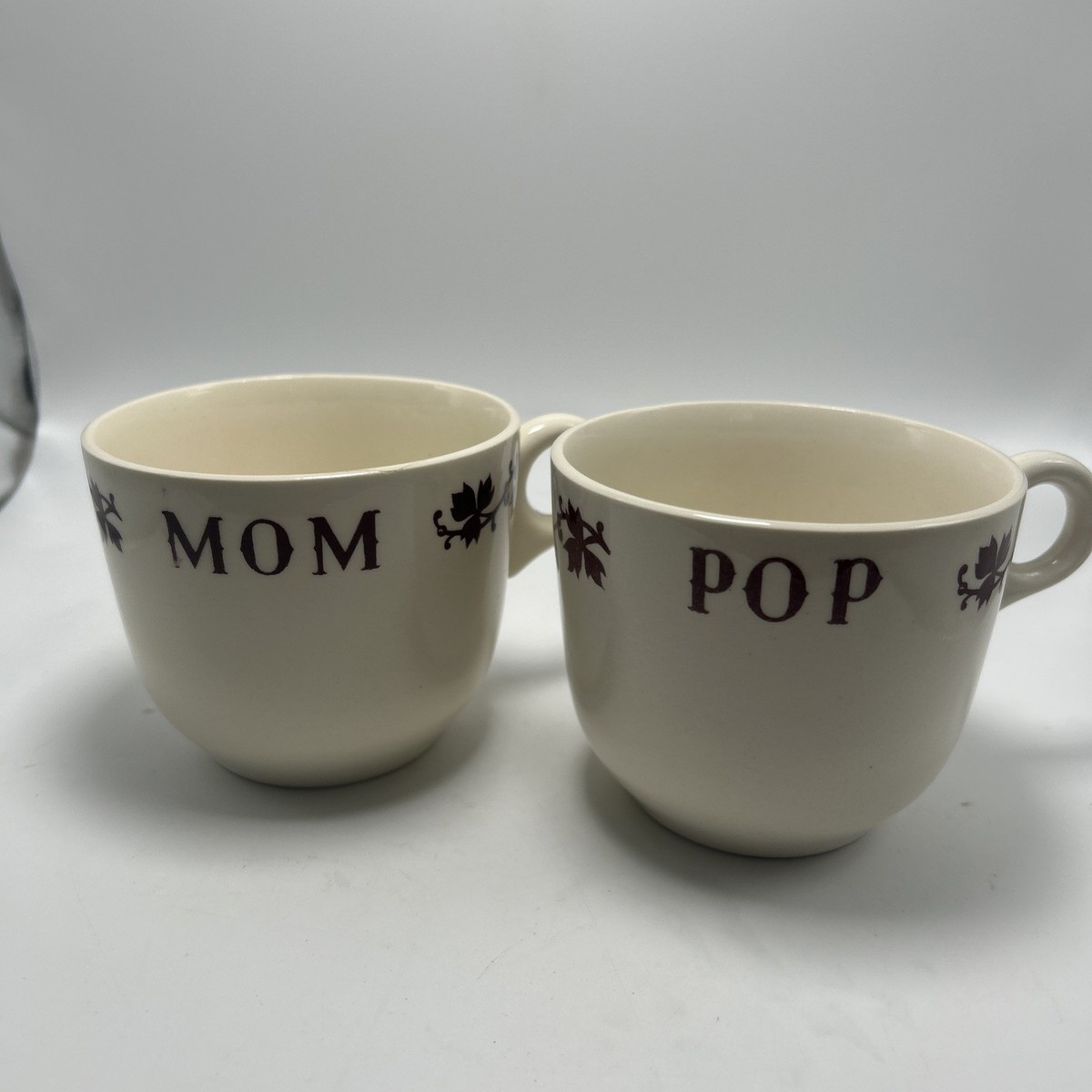 Vintage USA Pottery 1940s Mom And Pop Brown Leaf Mugs Coffee Tea