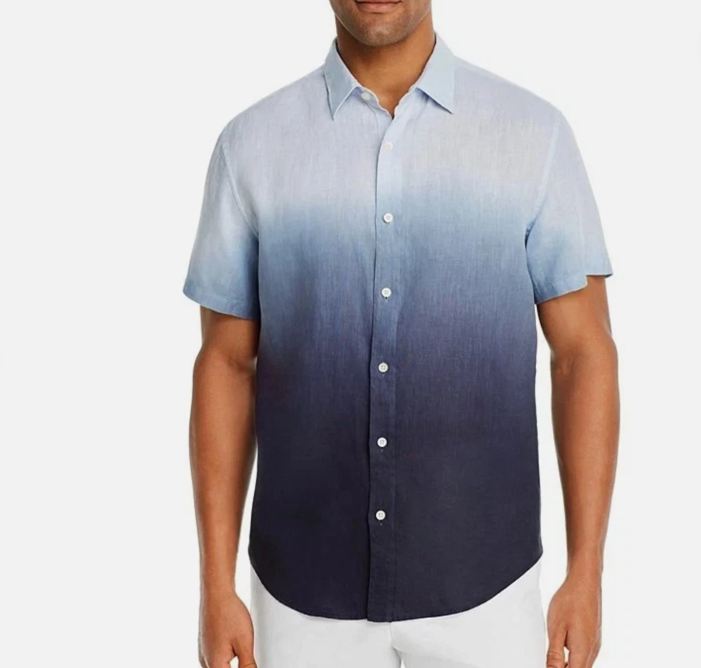 Bloomingdale's Mens Shirt XXL Button Up 100% Linen Blue Ombre Short Sleeve Beach