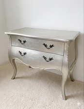 Vintage French Provincial Bombe Chest Ornate Silver Commode 2 Drawer Entryway