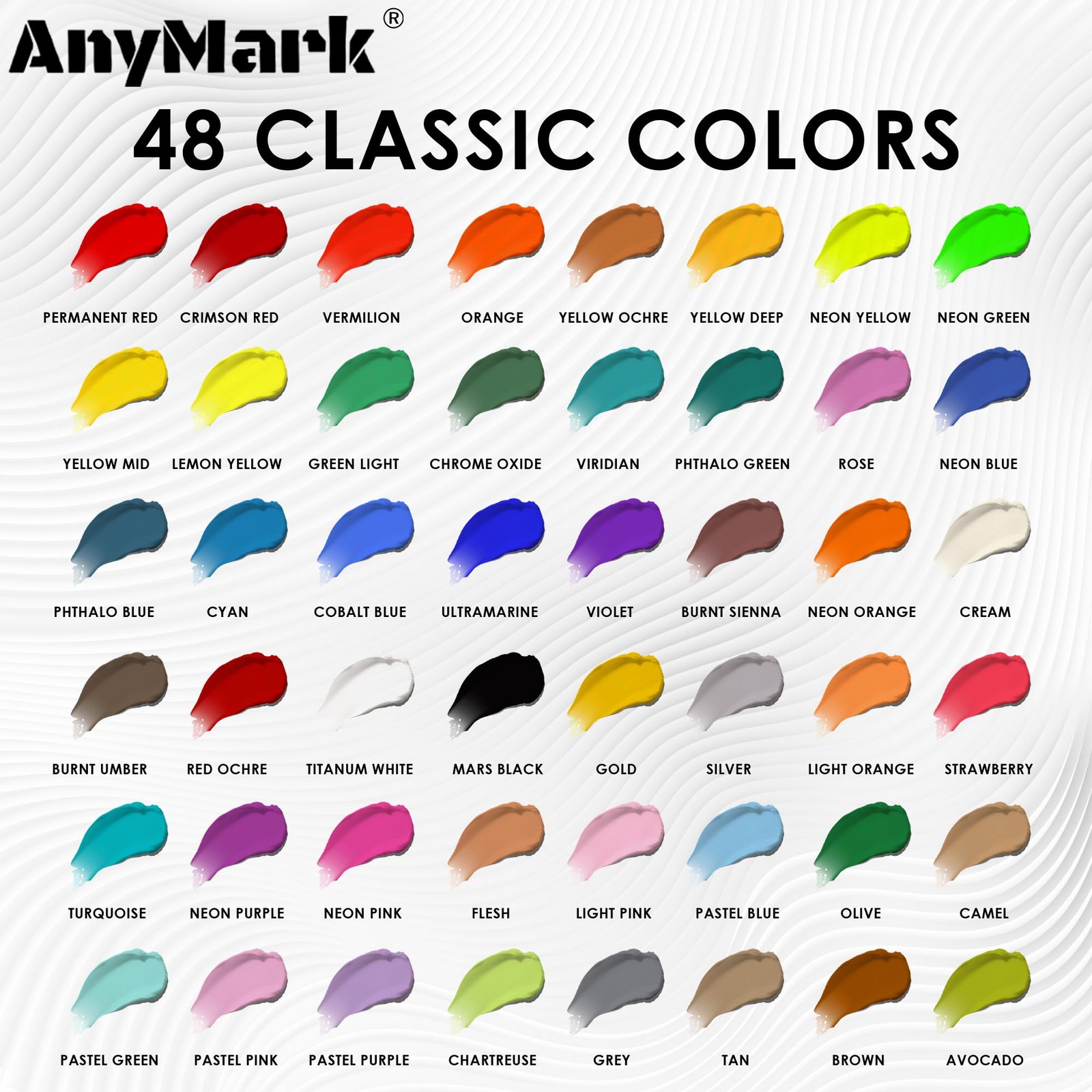 AnyMark Acrylic Paint Set, 48 Classic Colors with 12 Brushes, 2 fl oz/60ml