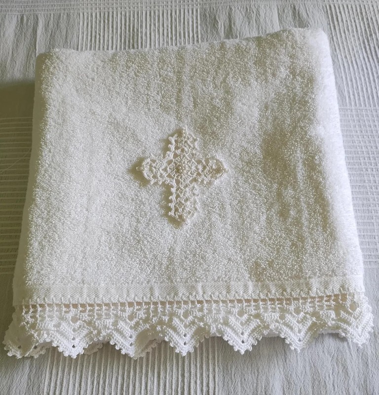 New Gift Handmade Hand Crochet Baptism/Christening White Cross Soft Bath Towel