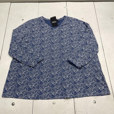 Ulla Popken Shirt Womens 24/26 Blue Floral V Neck 3/4 Sleeve Tunic Top