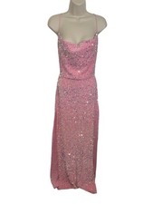 LUCY IN THE SKY Women's Size Small Pink Sequin High Slit Maxi Dress Lace Up Back