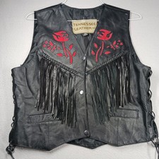 Vtg Fringe Leather Vest Womens 2XL Black Roses Biker Western Motorcycle Snap