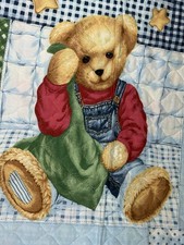 VTG Blue Jean Teddy Bear Baby Blanket Nursery Crib Quilt Handmade 33"x43"