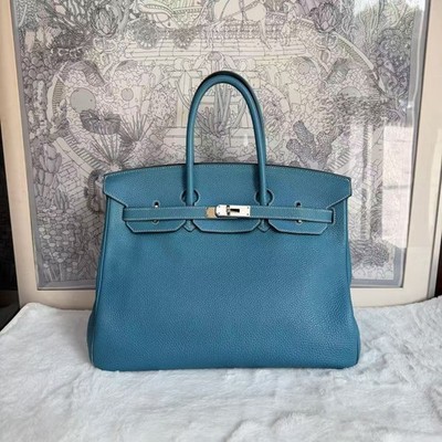Hermes Birkin 35 Blue Jean Leather Silver Hardware Handbag Auth