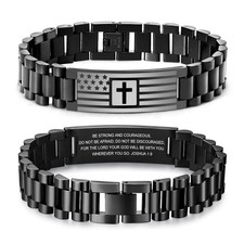 Cross Bracelet For Men - Black Bible Verse Stainless Steel Band Mens American...