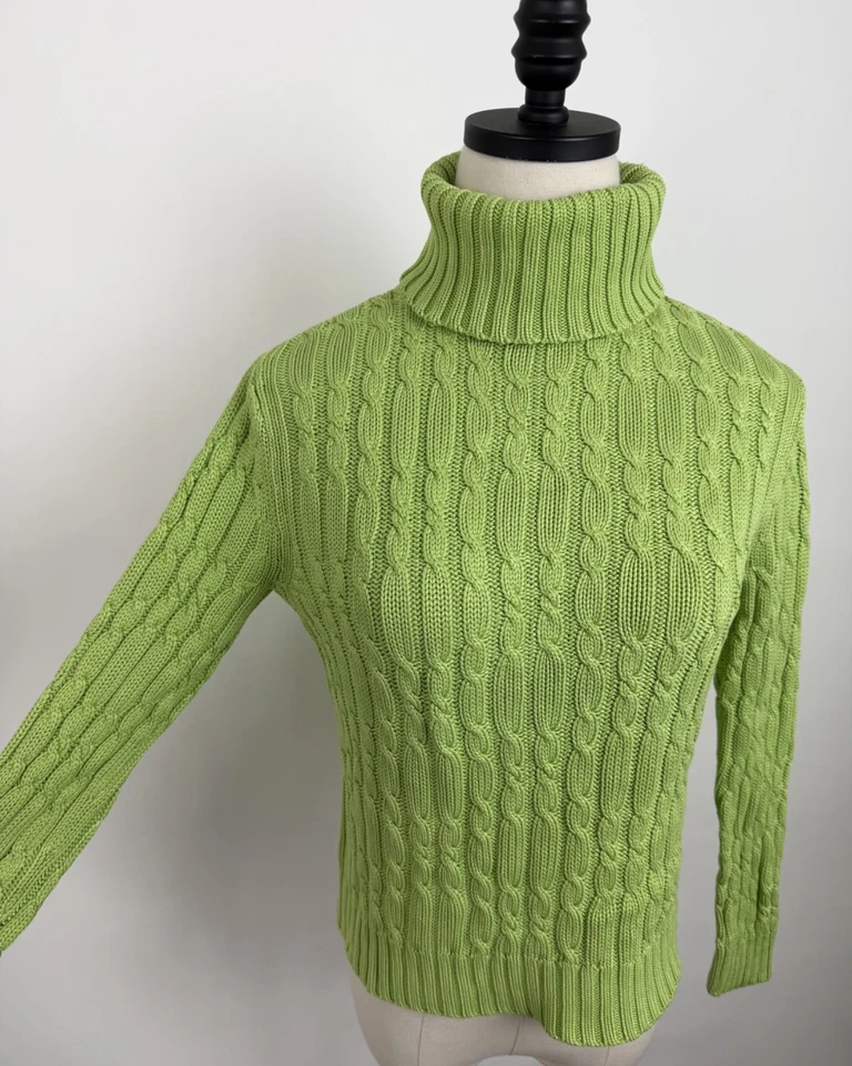 Suéter De Colección Y2K Cuello Alto Para Mujer Pequeño Verde Lima Seda Cable Tejido Recortado Foto 4 de 4