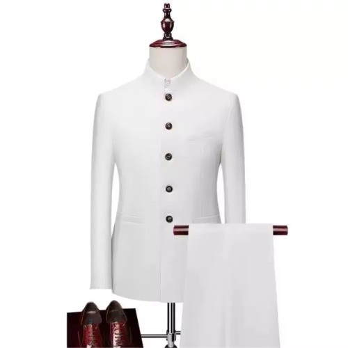 High Quality Dress Set 2Pcs Men Chinese Style Slim Fit Tuxedos Jacket Pants Sets - Foto 5 di 27