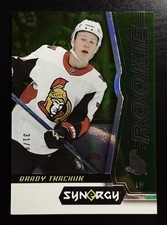 2018-19 Upper Deck Synergy #94 Brady Tkachuk Green /99 Rookie Card Olympic Gold. rookie card picture