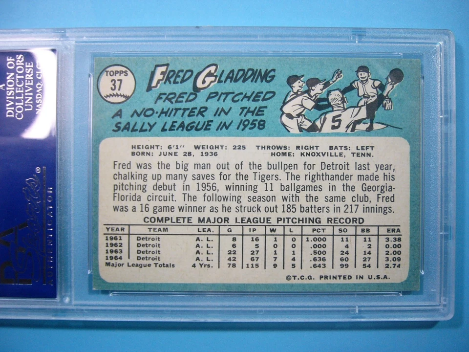 Tarjeta de béisbol 1965 Topps MLB #37 Fred Gladding PSA 8 casi nueva/como nueva nítida+ '65 GL Foto 4 de 4