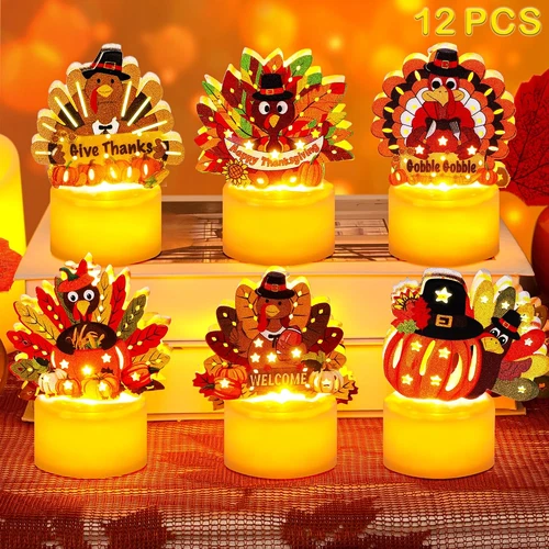12 PCS Thanksgiving Table Decorations Turkey Tea Lights Candles, Battery Operate - product listing photo