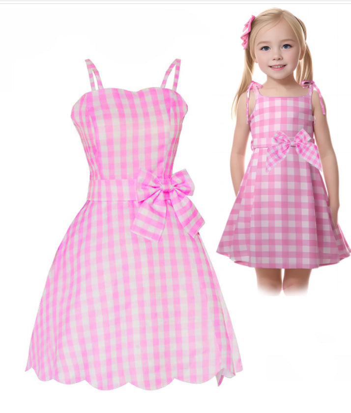 Women Kid Girl Costume Cosplay Pink White Gingham Checker Dress Halloween Party