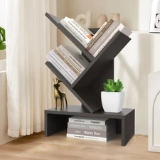 Tree Bookshelf with Drawer, Wood Desk, Small Book Shelf Storage Rack, Decor