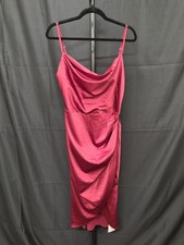 HTZMO Women’s Satin Cowl Neck Backless Ruched Bodycon Midi Dress Wine L
