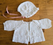 Vintage Handmade White, Blue, Pink Infant Crochet Cardigan and Hat Set - Sweater