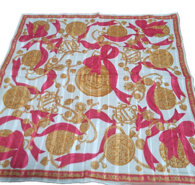 Christian Dior Seidentuch Tuch Schal Medal ribbon pattern Gold Rot Original
