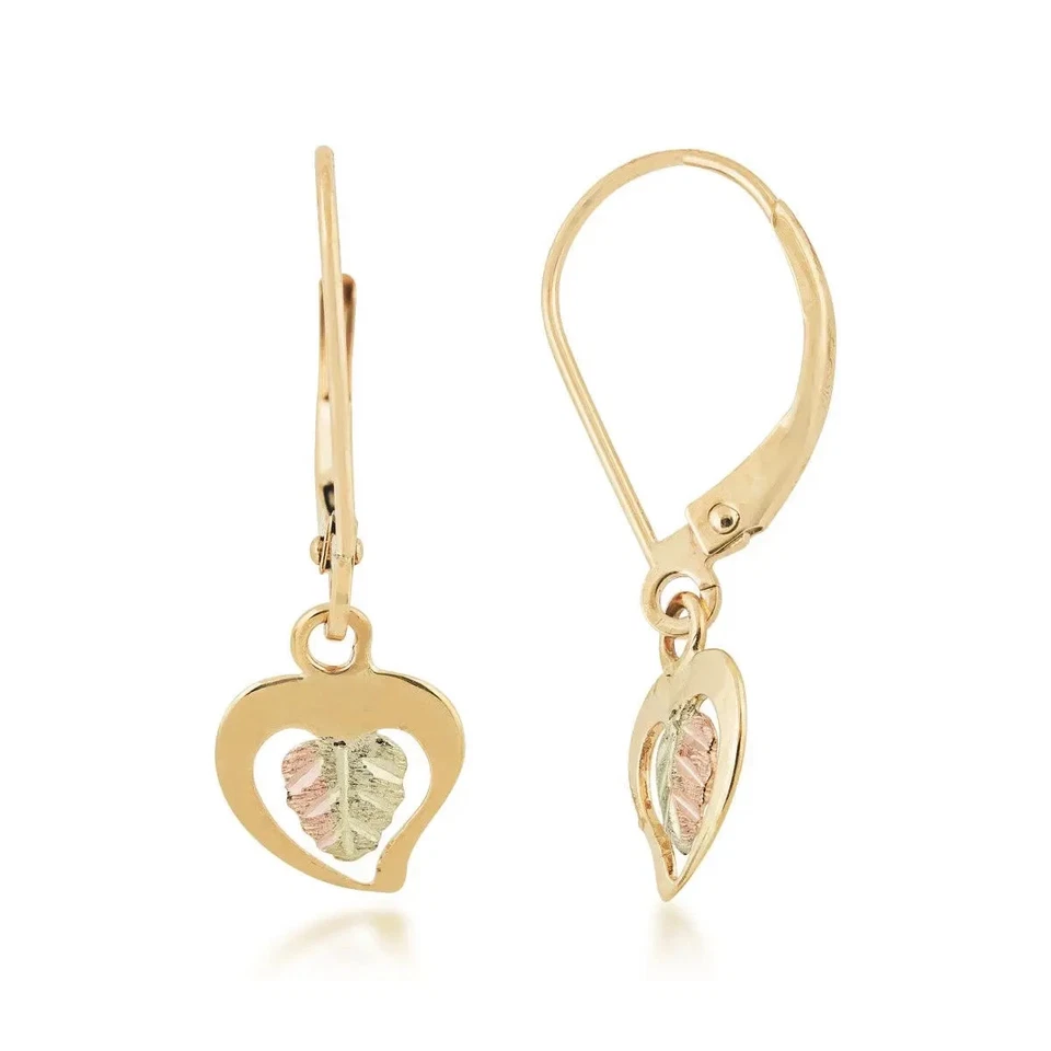 Mt. Rushmore Black Hills 金色心形和双色叶吊坠耳环 10K 金色 — 第 2/3 张图片