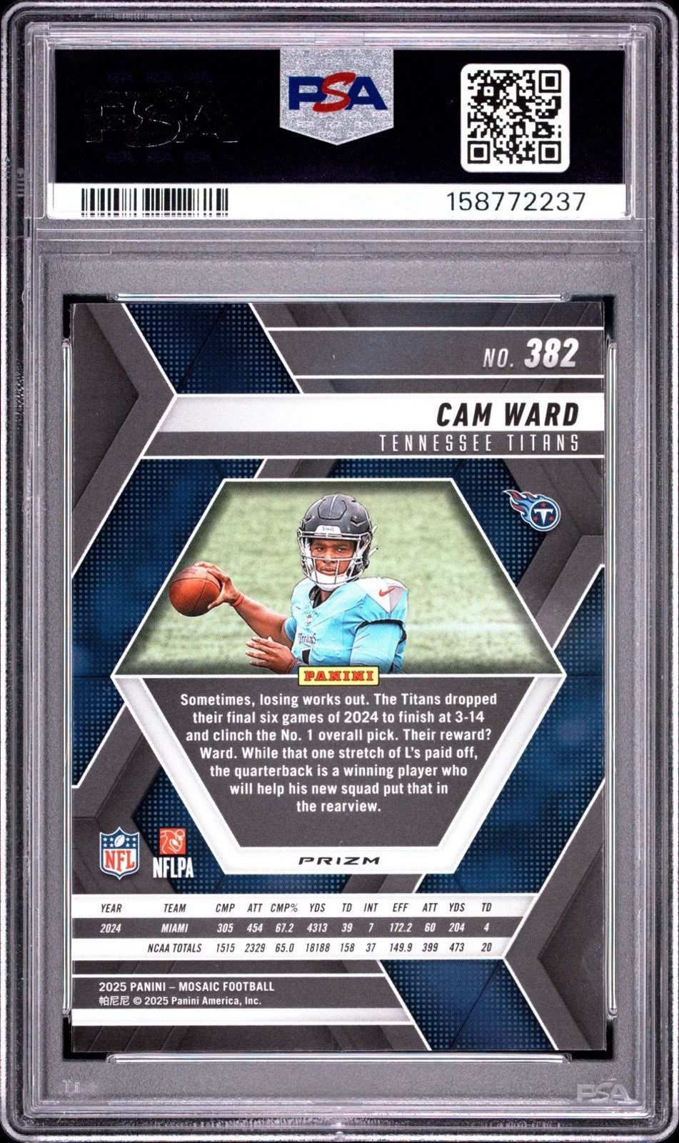 2025 Panini Mosaic - Rookies Cam Ward #382 Red & White Stripe Prizm (RC) PSA 10 view 2