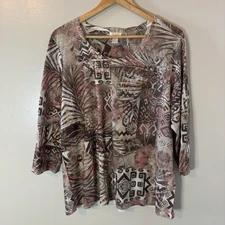 Chico’s Abstract 3/4 Sleeve Top Pink Brown Shirt Sequins Mature Office Sz 3 XL