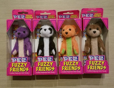 Lot of 4 Pez Fuzzy Friends Gilbert, Jade, TJ & Buddy Bear NIB MOC Backpack Clip