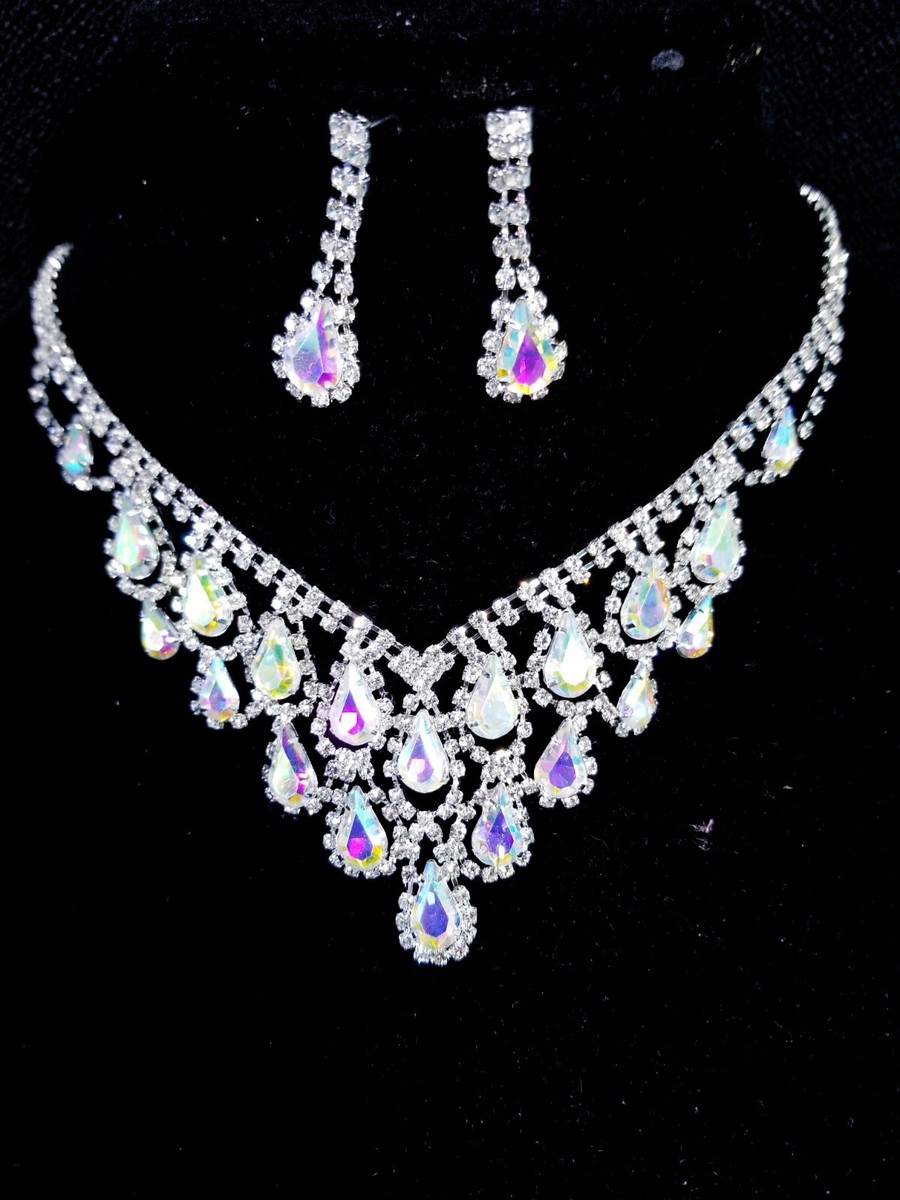 AB Iridescent Crystal Choker Rhinestone Necklace Earring Set Bridal Prom  Pageant