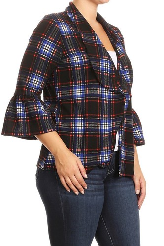 Plaid Waist Length Open Front Jacket w Bell Sleeve PLUS - Picture 3 of 5
