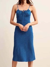 Azure Midi Dress - Women Midi Dress in Blue with White Dots Neckline Drawstring