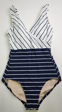 Kona Sol Womens Blue/White Striped Full Coverage 1 Pc V-Neck Swimsuit Size S 4-6