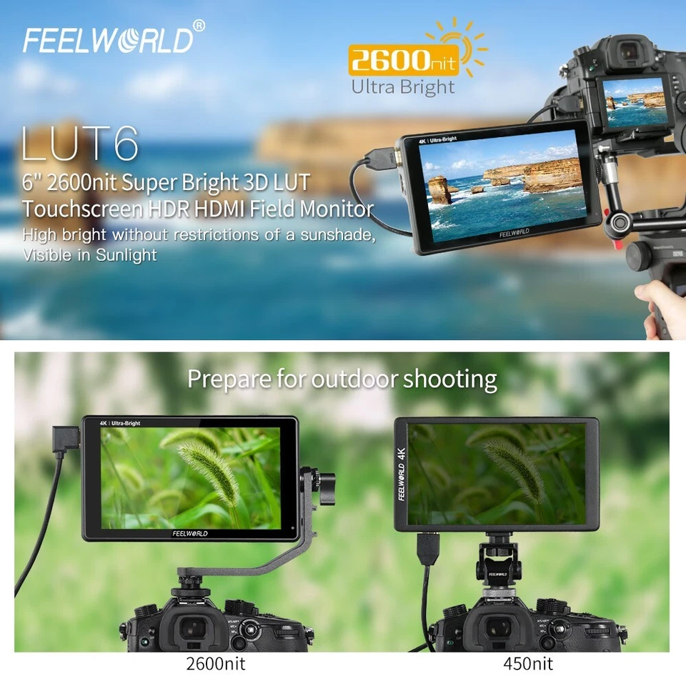 FEELWORLD LUT6 6 inch DSLR Camera Field Monitor 2600nit Touch Screen HDMI 3D LUT - Image 2 of 4