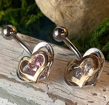 Gold and Steel Two Toned Double Heart with Gem Belly Ring Naval Navel