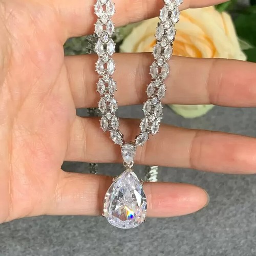 13Ct Pear Cut VVS1 Lab Created Sapphire Statement Necklace 14k White Gold Finish - Picture 2 of 7