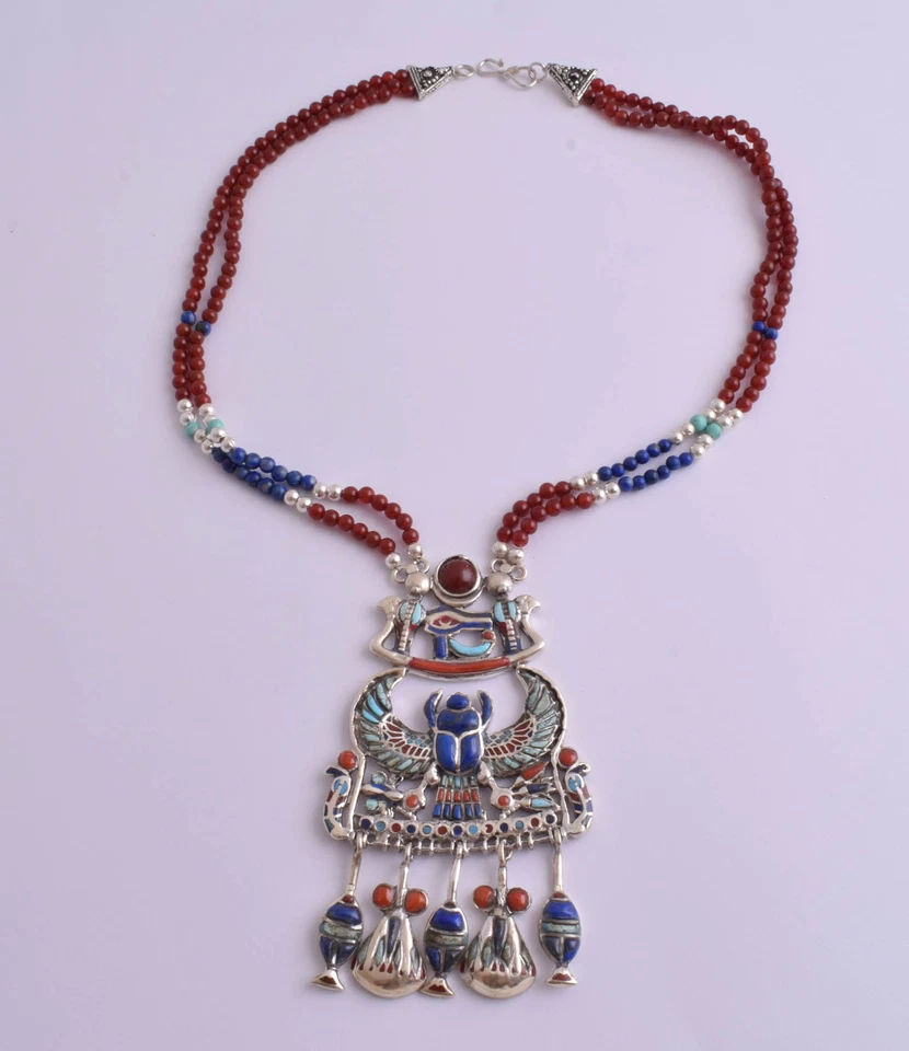 Collana con ciondolo in argento egiziano King Tutankhamon, ciondolo scarabeo ... - Immagine 2 di 4