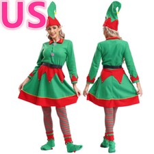 Women Elf Christmas Suit Xmas Santa Elf Dress with Hat and Full Shoes Outfit