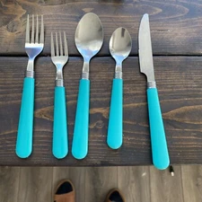 Turquoise Plastic Handle Vintage Flatware- 5 Placement See Pictures 