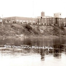 Dow Chemical Co. Midland, Michigan Fleet of Cars Riverbank RPPC Vintage B&W