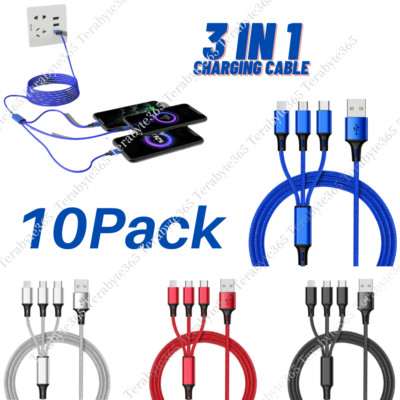 10X 3A 3 in 1 USB Fast Charging Cable Charger Cord For iPhone Type-C Micro USB